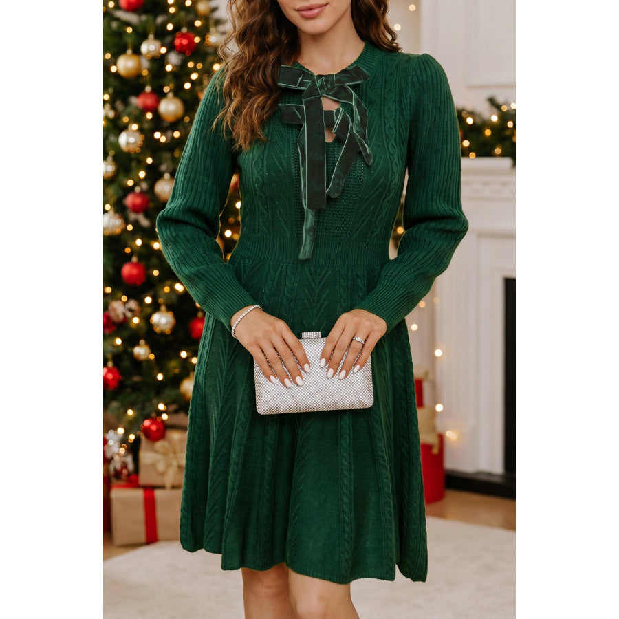 Blackish Green Ribbed Cable Knit Ribbon Knot Sweater Mini Dress Sweaters & Cardigans/Sweater Dresses