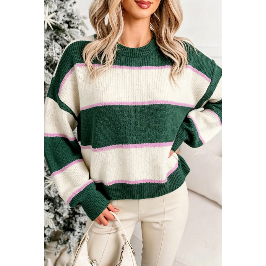 Blackish Green Striped Color Block Knit Dropped Shoulder Loose Pullover Sweater / S Sweaters & Cardigans/Sweaters