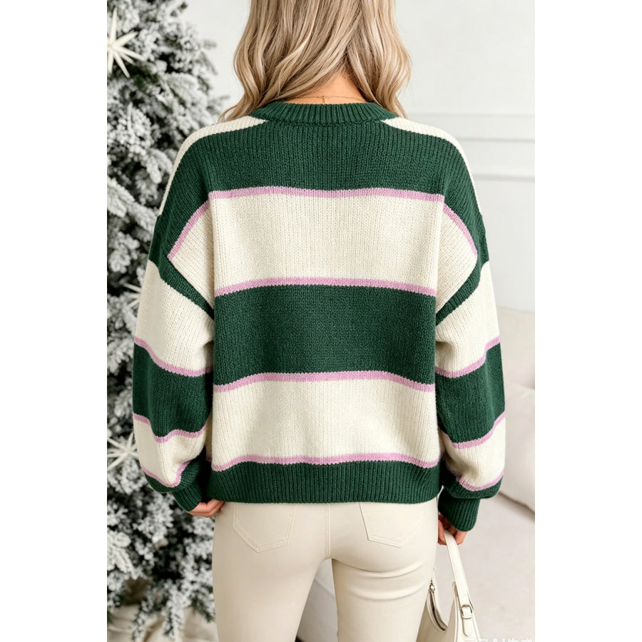 Blackish Green Striped Color Block Knit Dropped Shoulder Loose Pullover Sweater Sweaters & Cardigans/Sweaters