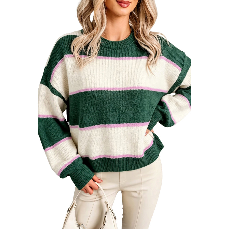 Blackish Green Striped Color Block Knit Dropped Shoulder Loose Pullover Sweater Sweaters & Cardigans/Sweaters
