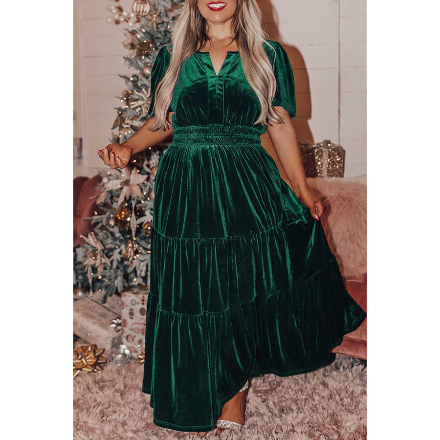 Blackish Green Velvet Short Sleeve Shirred Waist Tiered Plus Size Maxi Dress / 1X / 95% Polyester + 5% Elastane Size/Plus Dresses/Plus
