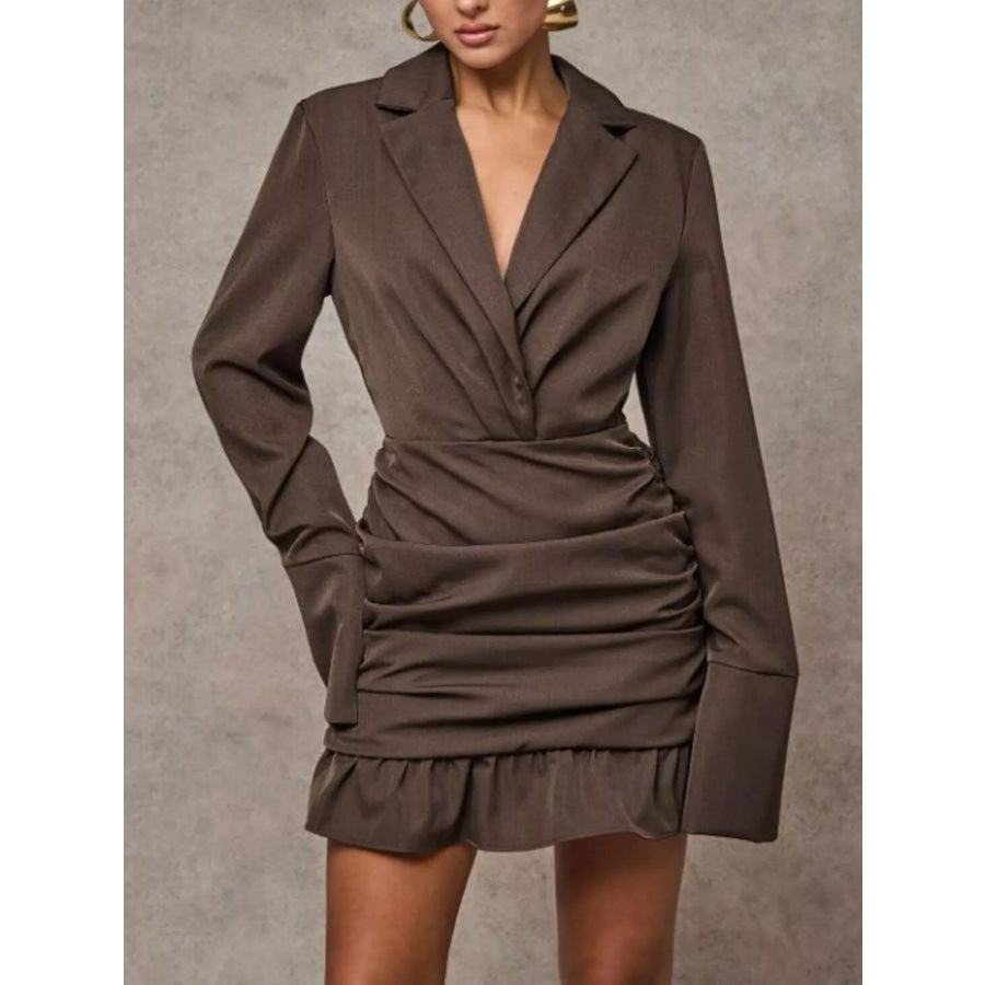 Blazer-Style Long Sleeve Ruffled Hem Mini Dress Brown / XS Apparel and Accessories