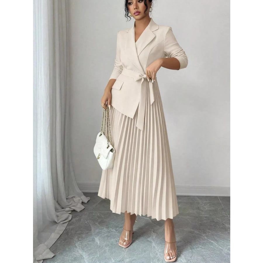 Blazer-Style Pleated Midi Dress Beige / S Apparel and Accessories