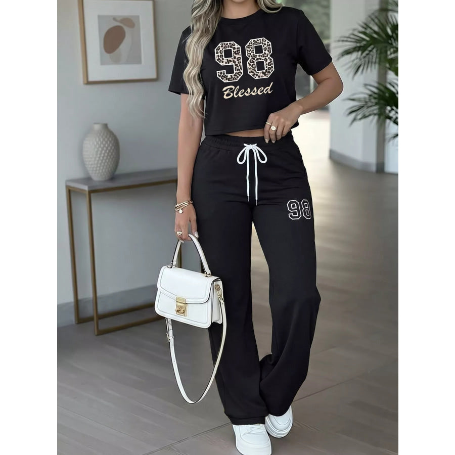 Blessed 98 Leopard Print Crop Top and Wide Leg Pants Set Black / S Apparel and Accessories