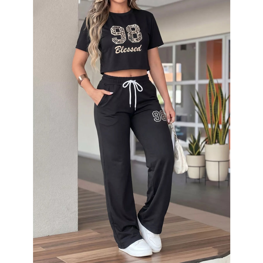 Blessed 98 Leopard Print Crop Top and Wide Leg Pants Set Black / S Apparel and Accessories