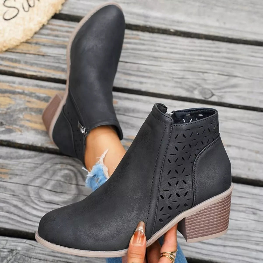 Block Heel Ankle Boots with Cutout Detail Apparel and Accessories