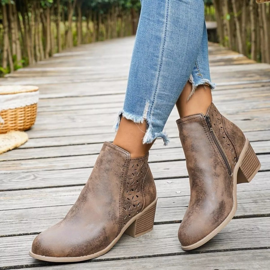 Block Heel Ankle Boots with Cutout Detail Apparel and Accessories