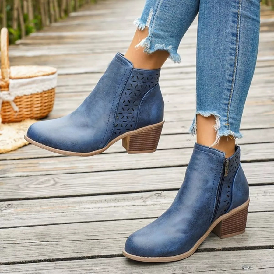 Block Heel Ankle Boots with Cutout Detail Apparel and Accessories