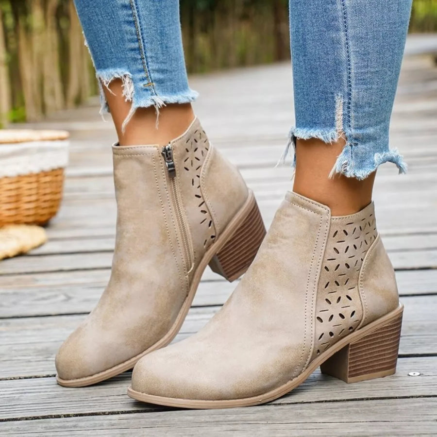 Block Heel Ankle Boots with Cutout Detail Apparel and Accessories