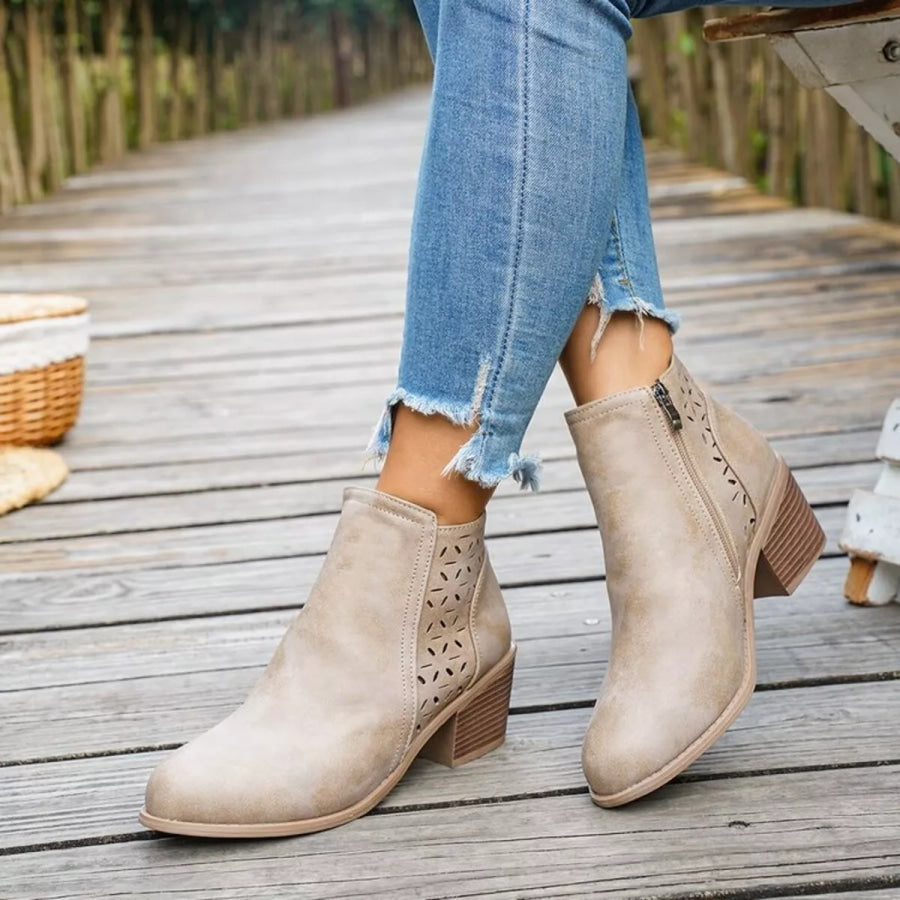 Block Heel Ankle Boots with Cutout Detail Apparel and Accessories
