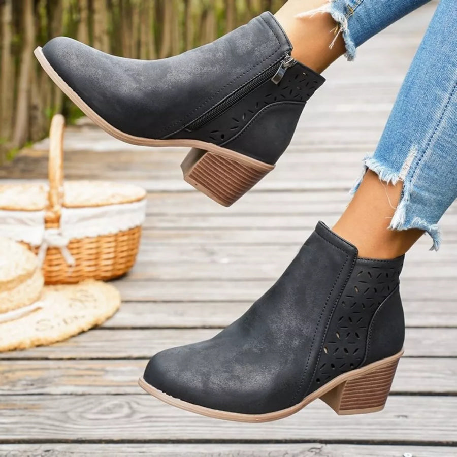 Block Heel Ankle Boots with Cutout Detail Apparel and Accessories