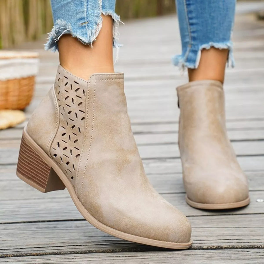 Block Heel Ankle Boots with Cutout Detail Apricot / 36 Apparel and Accessories