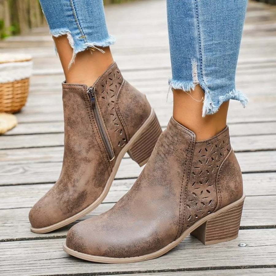 Block Heel Ankle Boots with Cutout Detail Camel / 36 Apparel and Accessories