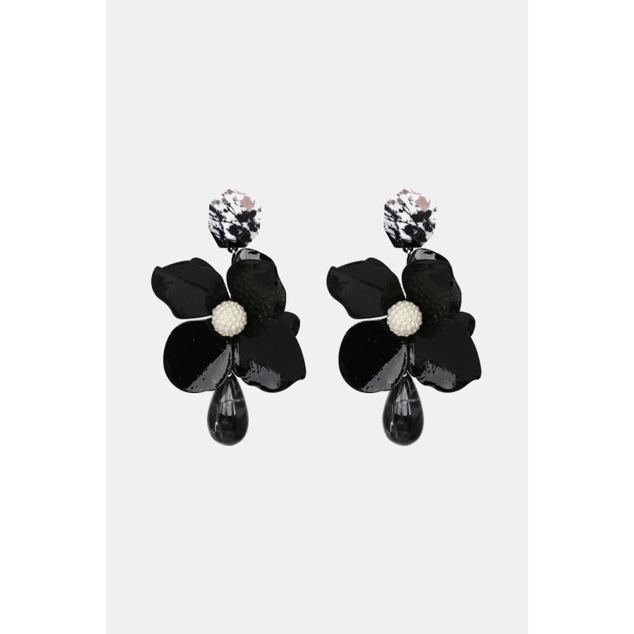 Bloosm Flower and Teardrop Resin Dangle Earrings Black / One Size