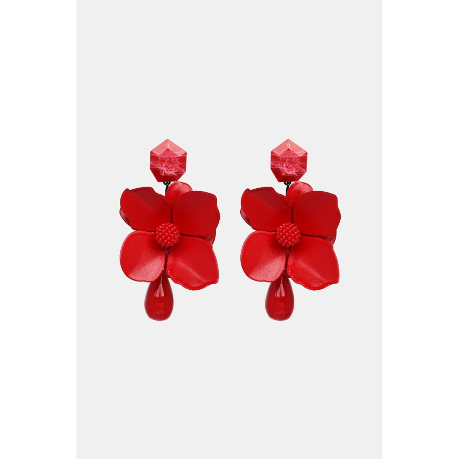 Bloosm Flower and Teardrop Resin Dangle Earrings Red / One Size