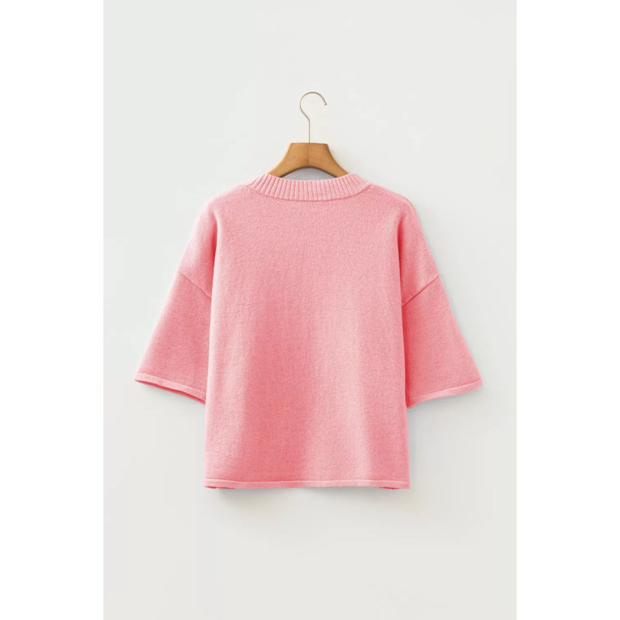 Blossom 3/4 Sleeve Boxy Knit Button Down Sweater Cardigan Apparel and Accessories