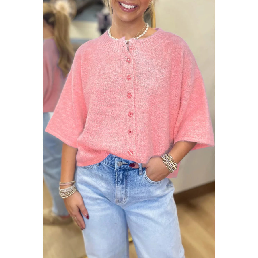Blossom 3/4 Sleeve Boxy Knit Button Down Sweater Cardigan Apparel and Accessories
