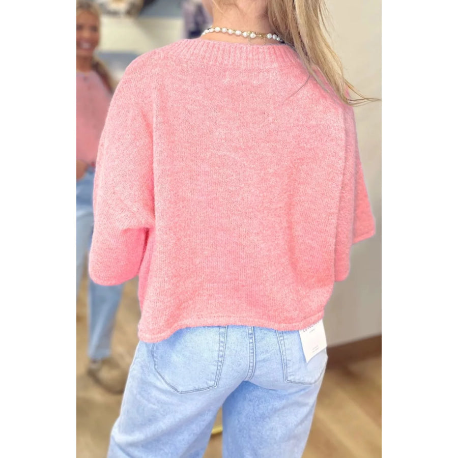 Blossom 3/4 Sleeve Boxy Knit Button Down Sweater Cardigan Apparel and Accessories