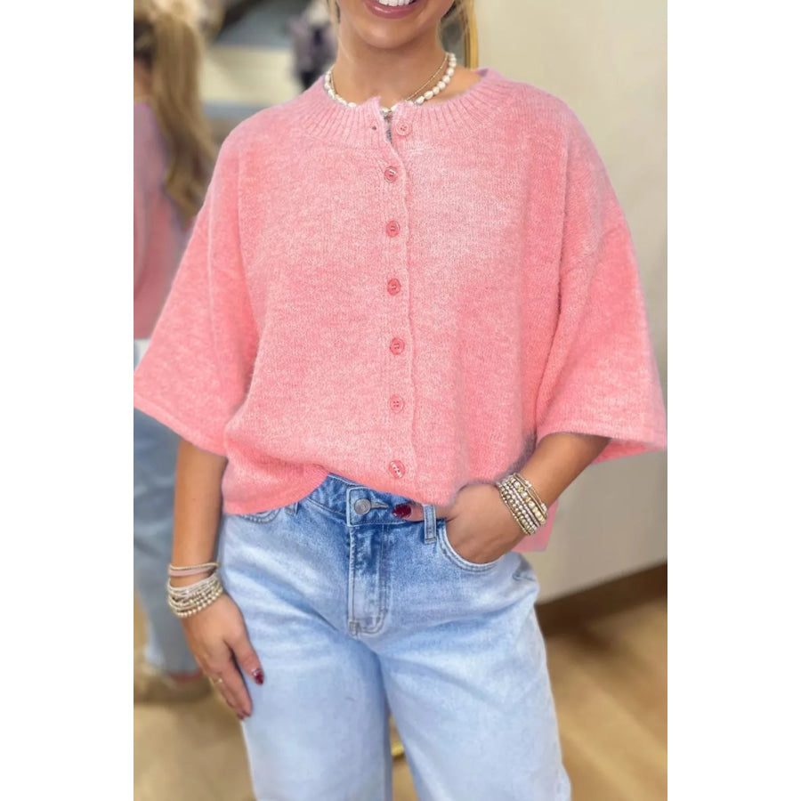 Blossom 3/4 Sleeve Boxy Knit Button Down Sweater Cardigan Apparel and Accessories