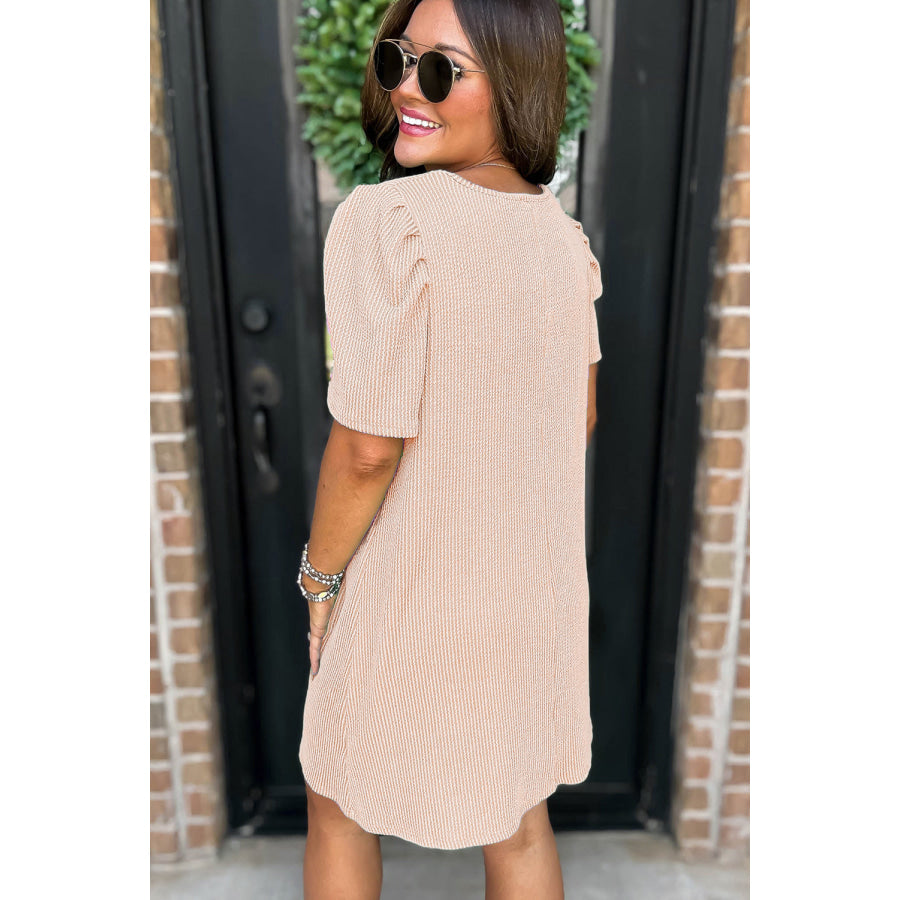Blossom Corded Knit Crew Neck Puff Sleeve Shift Mini Dress Dresses/T Shirt Dresses