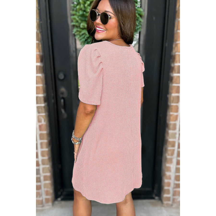 Blossom Corded Knit Crew Neck Puff Sleeve Shift Mini Dress Dresses/T Shirt Dresses