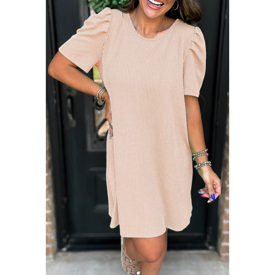 Blossom Corded Knit Crew Neck Puff Sleeve Shift Mini Dress Parchment / S / 75% Polyester + 20% Viscose + 5% Elastane Dresses/T Shirt Dresses