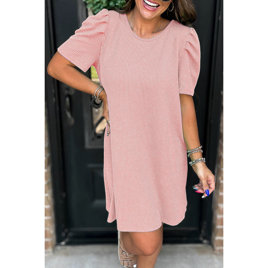 Blossom Corded Knit Crew Neck Puff Sleeve Shift Mini Dress Blossom / S / 75% Polyester + 20% Viscose + 5% Elastane Dresses/T Shirt Dresses