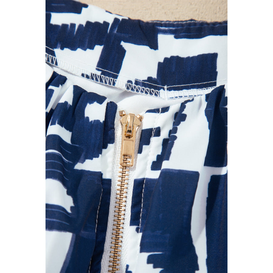 Blue Abstract Geometric Print Zip Front Tie Waist Shift Dress Dresses/Mini Dresses