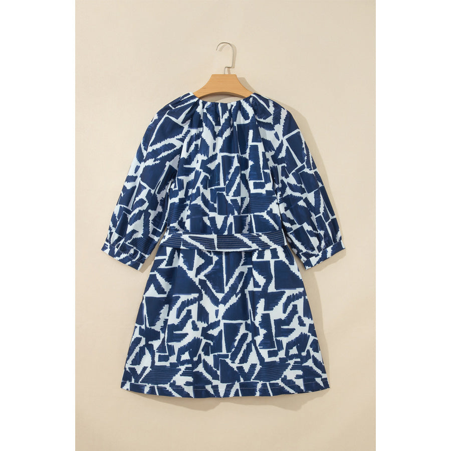 Blue Abstract Geometric Print Zip Front Tie Waist Shift Dress Dresses/Mini Dresses