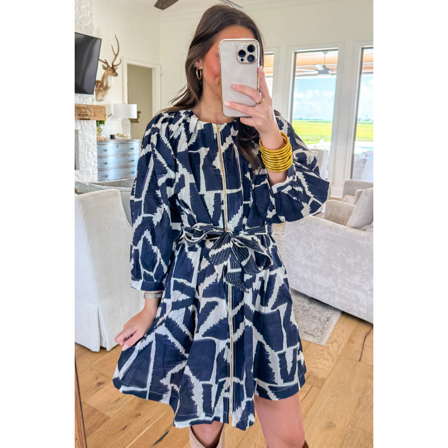 Blue Abstract Geometric Print Zip Front Tie Waist Shift Dress Dresses/Mini Dresses