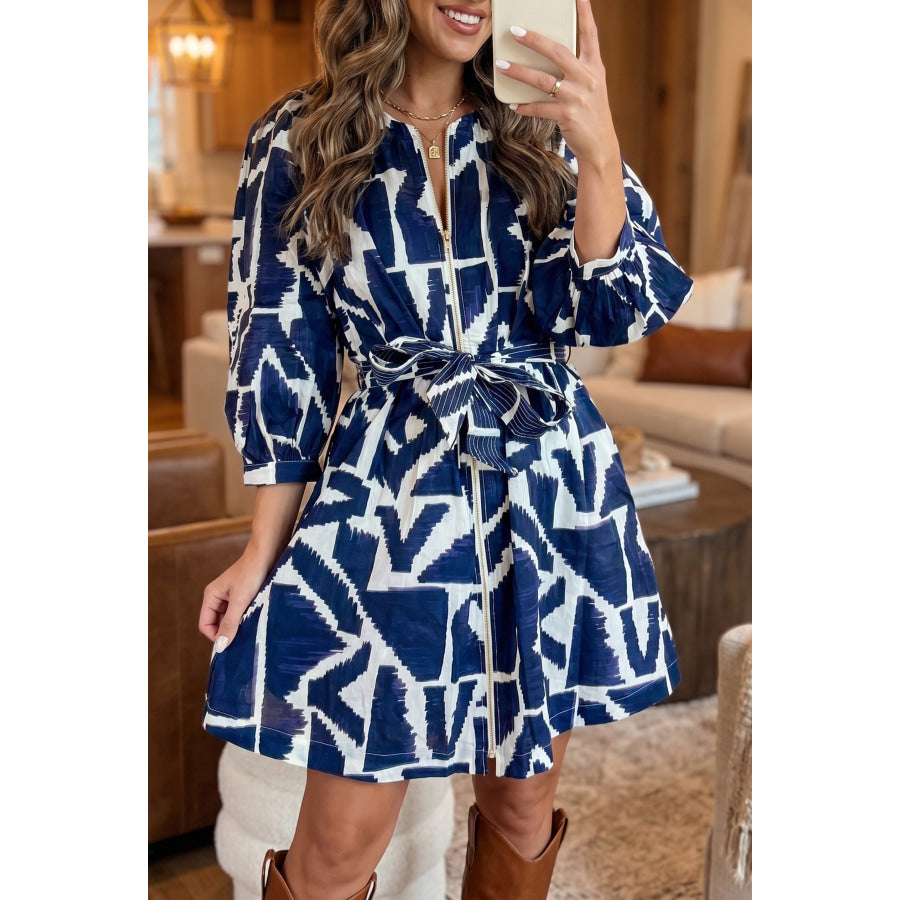 Blue Abstract Geometric Print Zip Front Tie Waist Shift Dress Blue / S / 100% Polyester Dresses/Mini Dresses