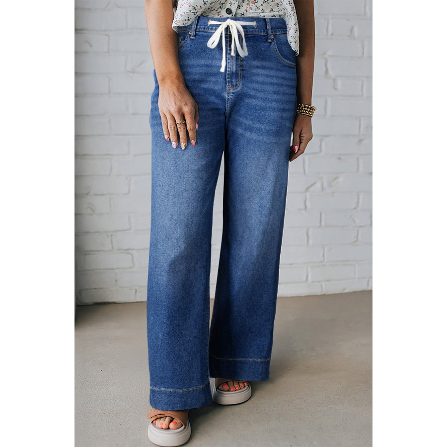 Blue Acid Wash Contrast Lace-up Plus Size Jeans Dark Blue / L / 72% Cotton + 26% Polyester + 2% Elastane Plus Size/Plus Size Bottoms