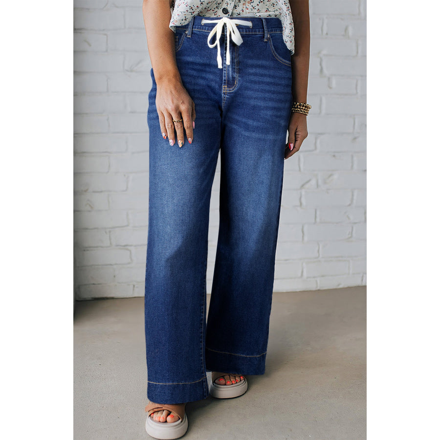 Blue Acid Wash Contrast Lace-up Plus Size Jeans Blue / L / 72% Cotton + 26% Polyester + 2% Elastane Plus Size/Plus Size Bottoms