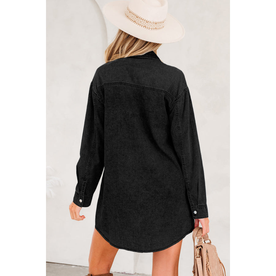 Blue Beau Chest Pocket Raw Hem Denim Loose Shirt Dress Dresses/T Shirt Dresses