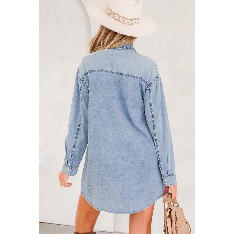 Blue Beau Chest Pocket Raw Hem Denim Loose Shirt Dress Dresses/T Shirt Dresses
