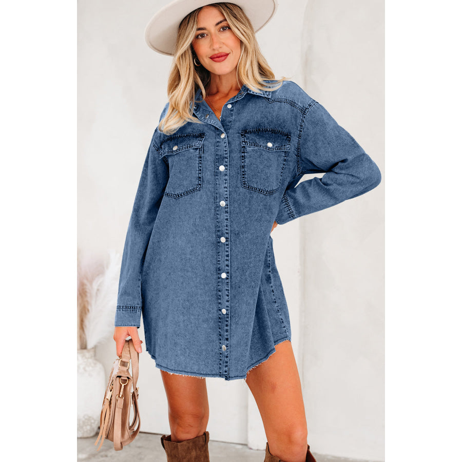 Blue Beau Chest Pocket Raw Hem Denim Loose Shirt Dress Dresses/T Shirt Dresses