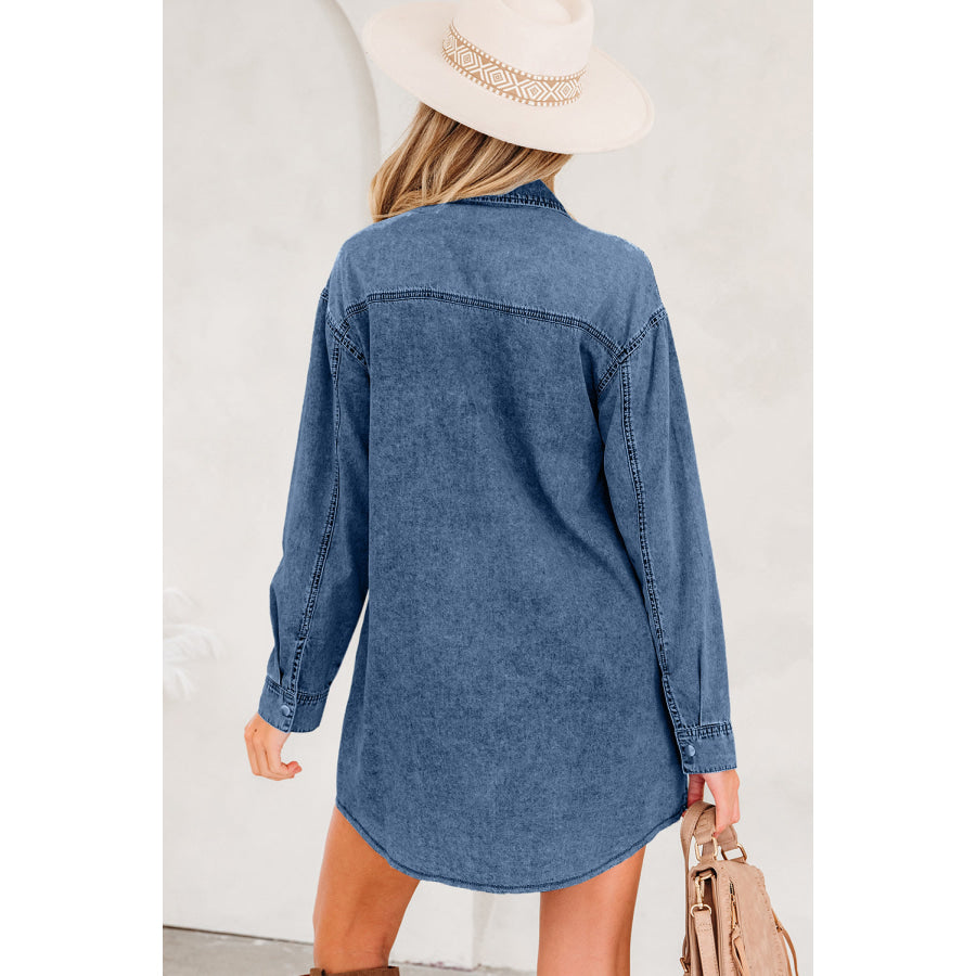 Blue Beau Chest Pocket Raw Hem Denim Loose Shirt Dress Blue / S / 100% Cotton Dresses/T Shirt Dresses