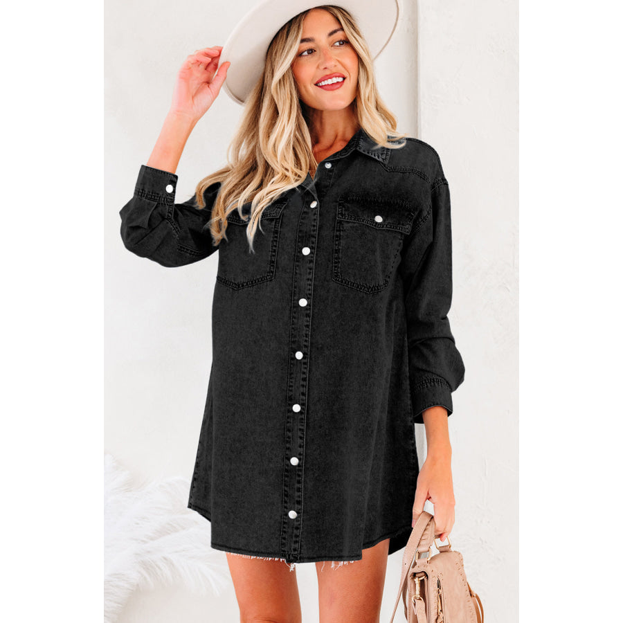 Blue Beau Chest Pocket Raw Hem Denim Loose Shirt Dress Medium Grey / S / 100% Cotton Dresses/T Shirt Dresses
