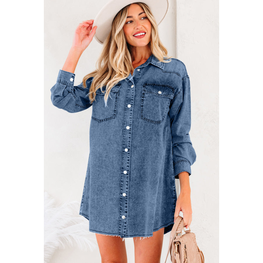 Blue Beau Chest Pocket Raw Hem Denim Loose Shirt Dress Blue / S / 100% Cotton Dresses/T Shirt Dresses