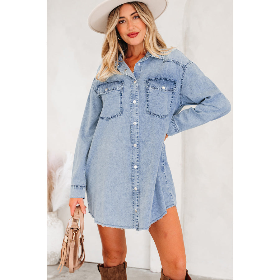 Blue Beau Chest Pocket Raw Hem Denim Loose Shirt Dress Beau Blue / S / 100% Cotton Dresses/T Shirt Dresses