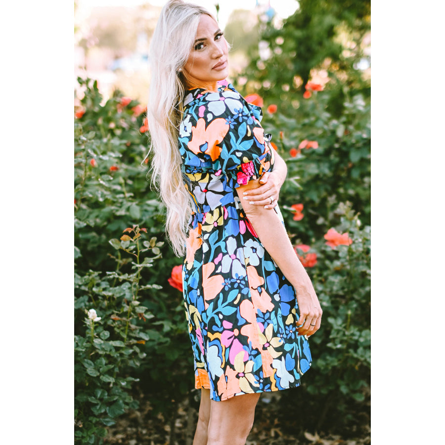 Blue Collared Split Neck Floral Flared Dress Dresses/Floral Dresses