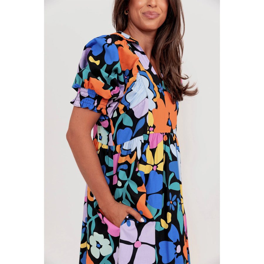 Blue Collared Split Neck Floral Flared Dress Dresses/Floral Dresses