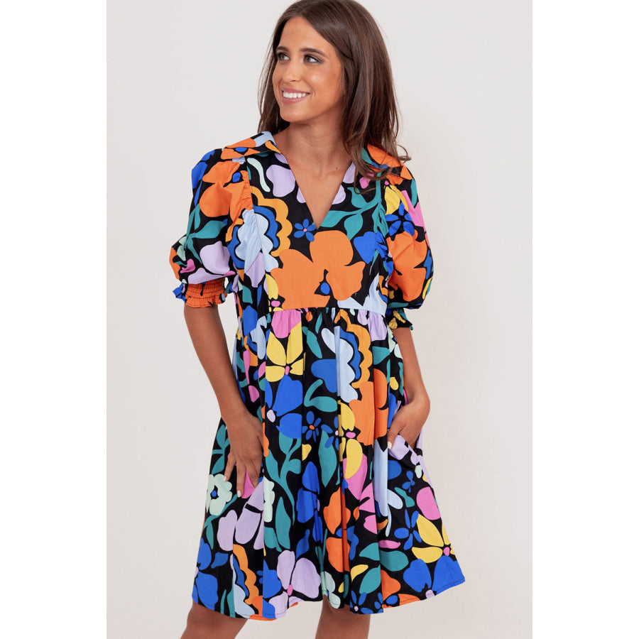 Blue Collared Split Neck Floral Flared Dress Dresses/Floral Dresses