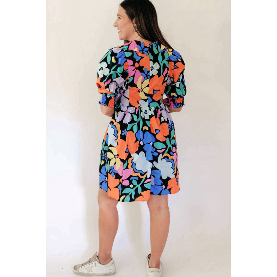 Blue Collared Split Neck Floral Flared Dress Dresses/Floral Dresses