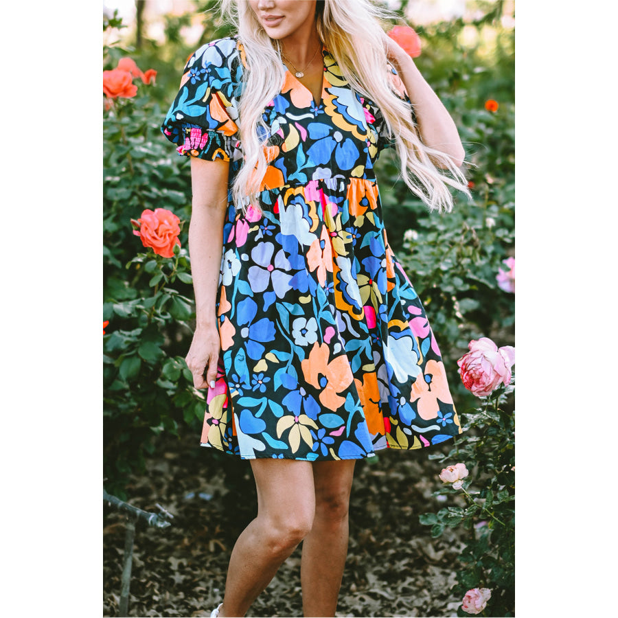 Blue Collared Split Neck Floral Flared Dress Dresses/Floral Dresses