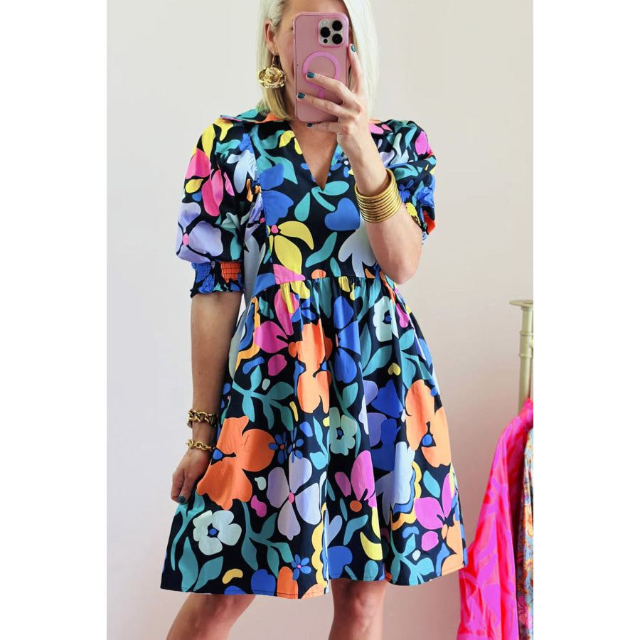 Blue Collared Split Neck Floral Flared Dress Dresses/Floral Dresses