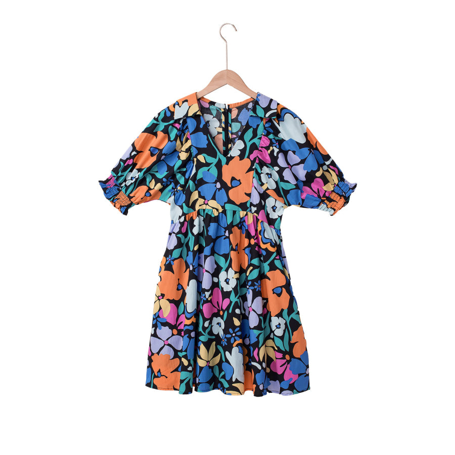 Blue Collared Split Neck Floral Flared Dress Dresses/Floral Dresses