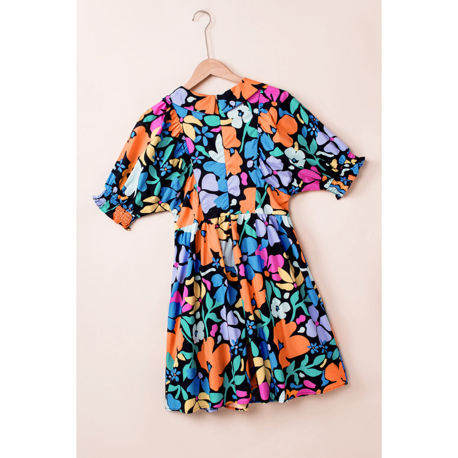 Blue Collared Split Neck Floral Flared Dress Dresses/Floral Dresses