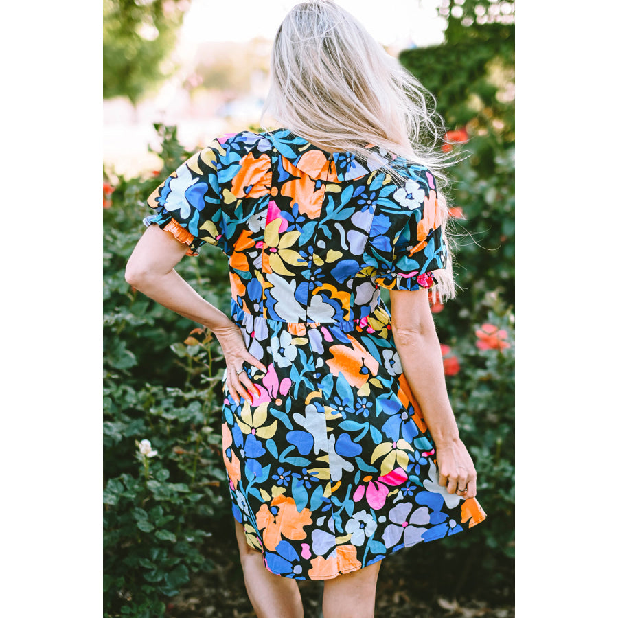 Blue Collared Split Neck Floral Flared Dress Dresses/Floral Dresses