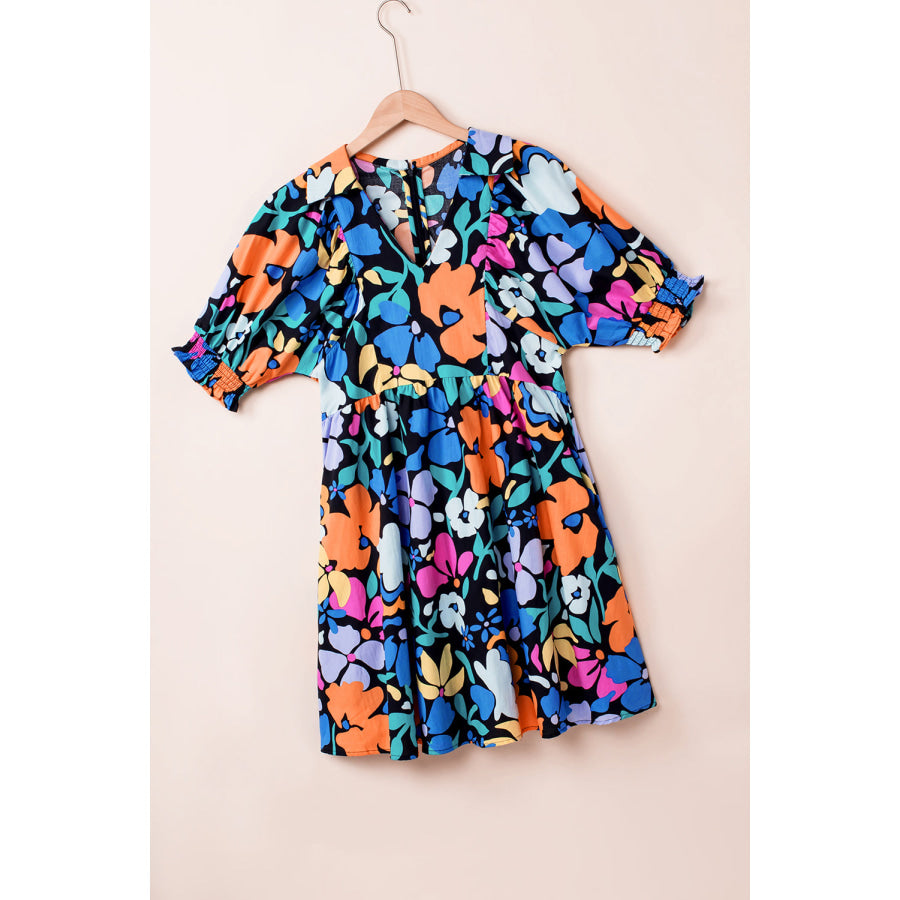 Blue Collared Split Neck Floral Flared Dress Dresses/Floral Dresses